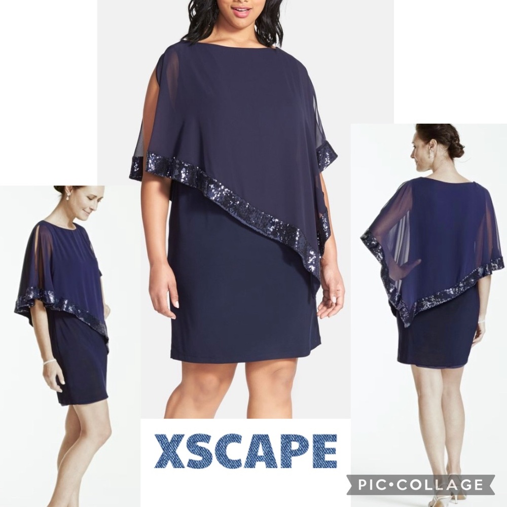Xscape Navy Blue sheath wedding guest dress sheer chiffon capelet sequin 20W